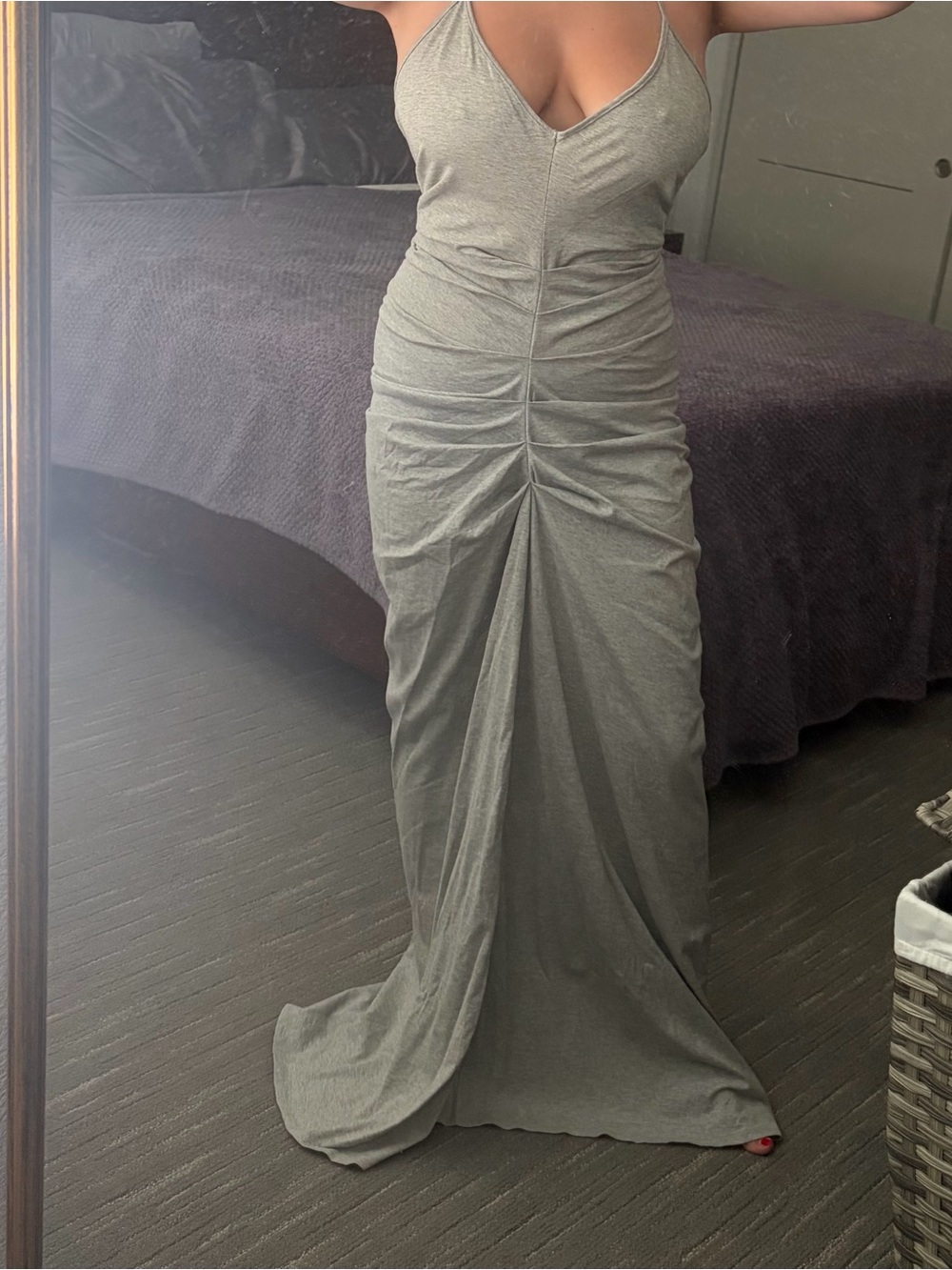 naked wardrobe Grey Halter Plunge Ruched Maxi Dress - Picture 2 of 2